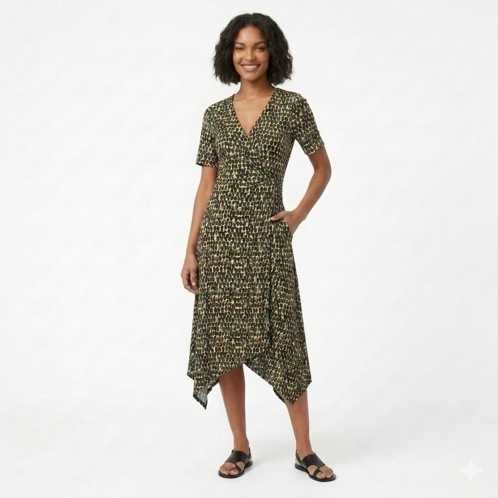 Banana Republic Faux Wrap Dress Size 6P Multicolor Print Asymmetrical Hem Midi